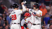 Apr 21, 2025; Atlanta, Georgia, USA; Atlanta Braves catcher Sean Murphy (12) celebrates with first baseman Matt Olson (28) after a three-run home run against the St. Louis Cardinals in the eighth inning at Truist Park. Mandatory Credit: Brett Davis-Imagn Images