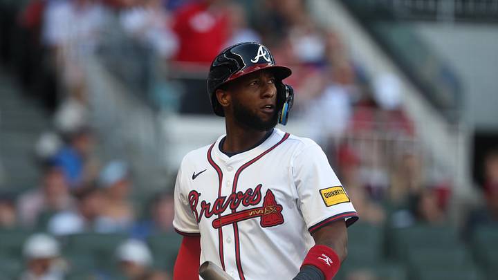 Jul 2, 2025; Atlanta, Georgia, USA; Atlanta Braves left fielder Jurickson Profar (7) reacts after a strikeout against the Los Angeles Angels in the first inning at Truist Park. Mandatory Credit: Brett Davis-Imagn Images
