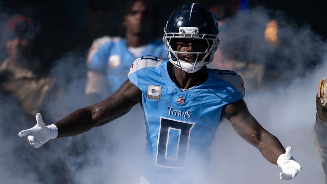 Nov 16, 2025; Nashville, Tennessee, USA; Tennessee Titans wide receiver Calvin Ridley (0) takes the field against the Houston Texans during the first half at Nissan Stadium. Nov 16, 2025; Nashville, Tennessee, USA; Tennessee Titans wide receiver Calvin Ridley (0) takes the field against the Houston Texans during the first half at Nissan Stadium.