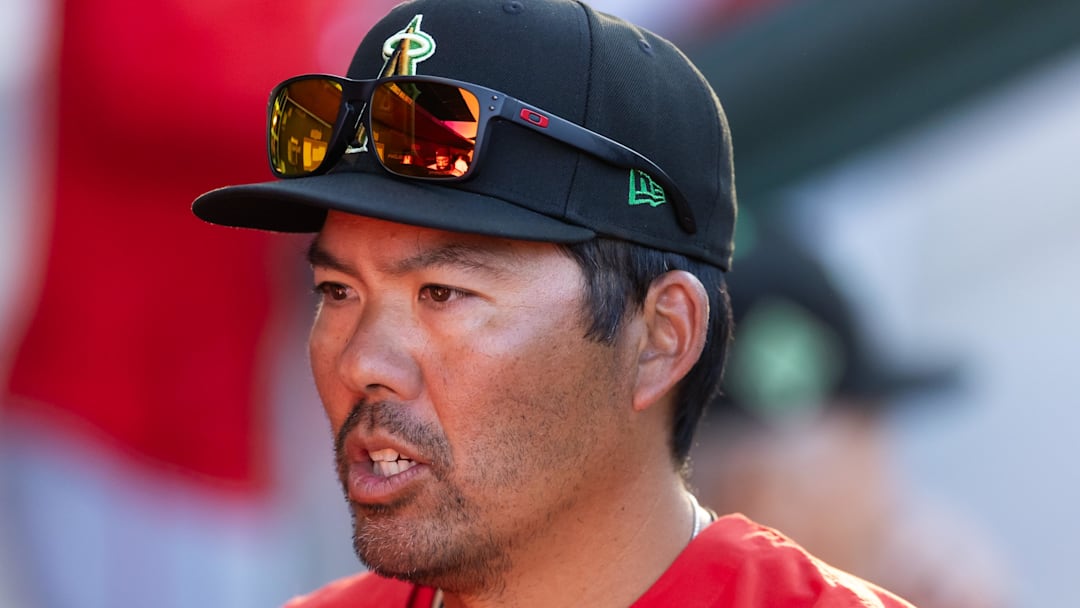 Mar 17, 2026; Mesa, Arizona, USA; Los Angeles Angels manager Kurt Suzuki against the Chicago Cubs during a spring training game at Sloan Park. Mandatory Credit: Mark J. Rebilas-Imagn Images