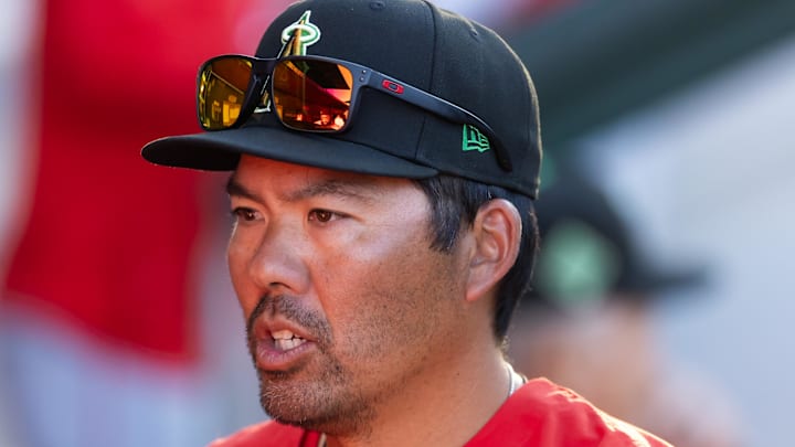 Mar 17, 2026; Mesa, Arizona, USA; Los Angeles Angels manager Kurt Suzuki against the Chicago Cubs during a spring training game at Sloan Park. Mandatory Credit: Mark J. Rebilas-Imagn Images