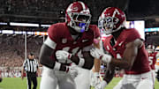 Oct 18, 2025; Tuscaloosa, Alabama, USA; Alabama Crimson Tide wide receiver Rico Scott (11) celebrates a touchdown  in the second half against the Tennessee Volunteers at Saban Field at Bryant-Denny Stadium. Mandatory Credit: Gary Cosby-USA TODAY Network via Imagn Images
