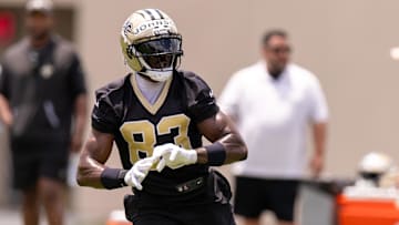 Jun 10, 2025; New Orleans, LA, USA;  New Orleans Saints tight end Juwan Johnson (83) during receiver drills during minicamp at Ochsner Sports Performance Center. Mandatory Credit: Stephen Lew-Imagn Images