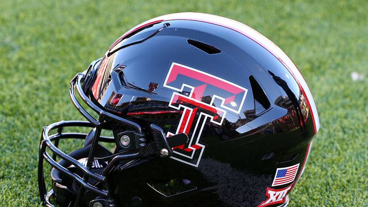 Nov 30, 2024; Lubbock, Texas, USA;  A general view of a Texas Tech Red Raiders helmet on the field before the game between the West Virginia Mountaineers and the Texas Tech Red Raiders at Jones AT&T Stadium and Cody Campbell Field. Mandatory Credit: Michael C. Johnson-Imagn Images