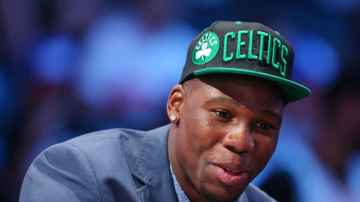 Jun 23, 2016; New York, NY, USA; Guerschon Yabusele is interviewed after being selected as the number sixteen overall pick to the Boston Celtics in the first round of the 2016 NBA Draft at Barclays Center. Mandatory Credit: Brad Penner-USA TODAY Sports