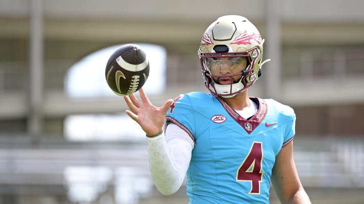 Apr 20, 2024; Tallahassee, Florida, USA; Florida State Seminoles quarterback DJ Uiagalelei (4) during the Spring Showcase at Doak S. Campbell Stadium. Mandatory Credit: Melina Myers-USA TODAY Sports