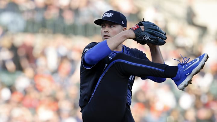 May 9, 2025; Detroit, Michigan, USA;  Detroit Tigers starting pitcher Tarik Skubal (29) pitches in the third inning against the Texas Rangers at Comerica Park. 