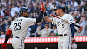 Apr 8, 2023; Minneapolis, Minnesota, USA; Minnesota Twins center fielder Byron Buxton (25) celebrates with left fielder Trevor Larnach (9) after hitting a three-run home run against the Houston Astros during the eighth inning at Target Field.
