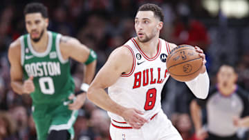 Nov 21, 2022; Chicago, Illinois, USA; Chicago Bulls guard Zach LaVine (8) moves to the basket against the Boston Celtics during the first half at United Center. Mandatory Credit: Kamil Krzaczynski-Imagn Images