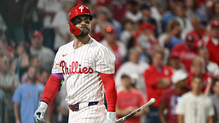 Oct 6, 2025; Philadelphia, Pennsylvania, USA; Philadelphia Phillies first baseman Bryce Harper (3) reacts to striking out against the Los Angeles Dodgers in the sixth inning during game two of the NLDS round for the 2025 MLB playoffs at Citizens Bank Park.