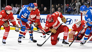 Nov 16, 2025; New York, New York, USA; Detroit Red Wings defenseman Travis Hamonic (52) tries to gain control of the puck against New York Rangers center Vincent Trocheck (16) during the third period at Madison Square Garden. Mandatory Credit: John Jones-Imagn Images