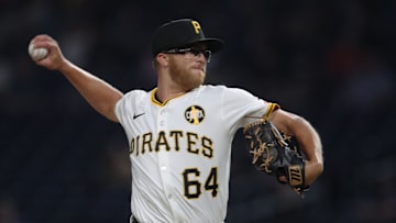 Aug 5, 2025; Pittsburgh, Pennsylvania, USA;  Pittsburgh Pirates relief pitcher Cam Sanders (64) delivers a pitch in his major league debut against the San Francisco Giants during the eighth inning at PNC Park. Mandatory Credit: Charles LeClaire-Imagn Images