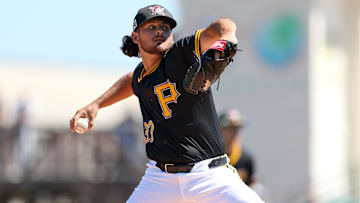 Mar 7, 2025; Bradenton, Florida, USA; Pittsburgh Pirates pitcher Jared Jones (37) throws a pitch against the Philadelphia Phillies in the first inning during spring training at LECOM Park. Mandatory Credit: Nathan Ray Seebeck-Imagn Images