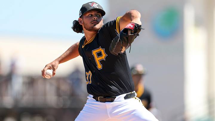 Mar 7, 2025; Bradenton, Florida, USA; Pittsburgh Pirates pitcher Jared Jones (37) throws a pitch against the Philadelphia Phillies in the first inning during spring training at LECOM Park. Mandatory Credit: Nathan Ray Seebeck-Imagn Images