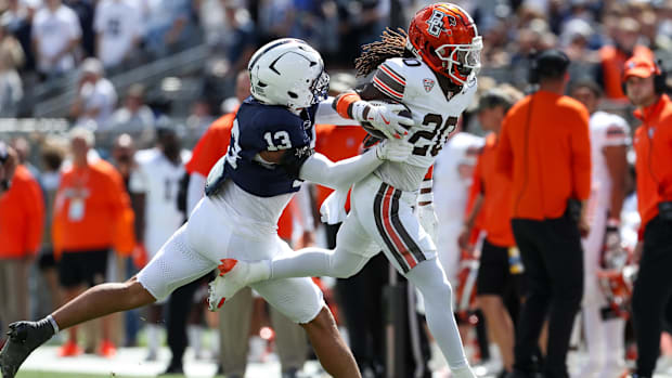 Penn State linebacker Tony Rojas chases a player with the football during a game at Beaver Stadium.