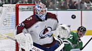 Apr 21, 2025; Dallas, Texas, USA; Colorado Avalanche goaltender Mackenzie Blackwood (39) gives up a puck rebound as Dallas Stars left wing Mason Marchment (27) looks on from the crease during the overtime period in game two of the first round of the 2025 Stanley Cup Playoffs at American Airlines Center. Mandatory Credit: Jerome Miron-Imagn Images