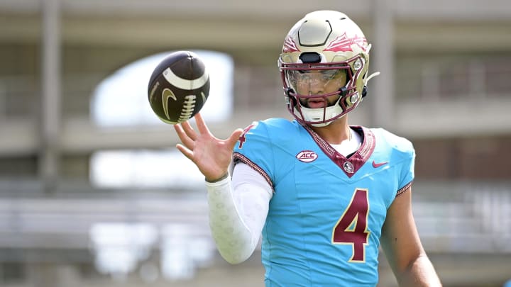 Apr 20, 2024; Tallahassee, Florida, USA; Florida State Seminoles quarterback DJ Uiagalelei (4) during the Spring Showcase at Doak S. Campbell Stadium. Mandatory Credit: Melina Myers-USA TODAY Sports