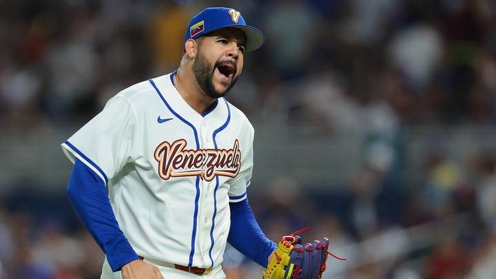 Mar 7, 2026; Miami, FL, United States; Venezuela pitcher Enmanuel de Jesus (37) reacts against Israel during the fifth inning at loanDepot Park. Mandatory Credit: Sam Navarro-Imagn Images