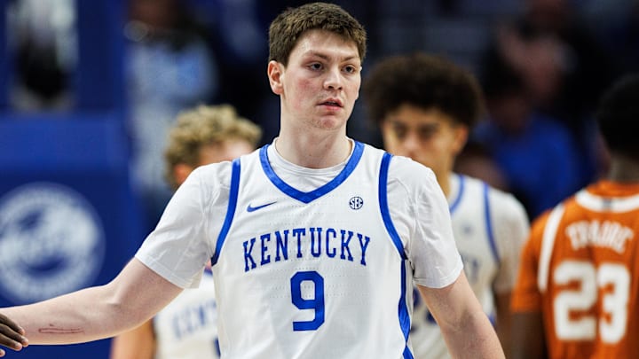 Jan 21, 2026; Lexington, Kentucky, USA; Kentucky Wildcats forward Trent Noah (9) fives guard Denzel Aberdeen during the second half against the Texas Longhorns at Rupp Arena at Central Bank Center. Mandatory Credit: Jordan Prather-Imagn Images