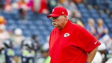 Aug 15, 2025; Seattle, Washington, USA; Kansas City Chiefs head coach Andy Reid watches pregame warmups against the Seattle Seahawks at Lumen Field. Mandatory Credit: Joe Nicholson-Imagn Images