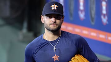 Houston Astros pitcher Lance McCullers Jr. walks in the dugout before the game against the Boston Red Sox at Daikin Park.