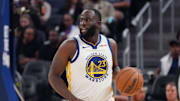 Oct 5, 2025; San Francisco, California, USA;  Golden State Warriors forward Draymond Green (23) dribbles upcourt against the Los Angeles Lakers in the second quarter at Chase Center. Mandatory Credit: David Gonzales-Imagn Images