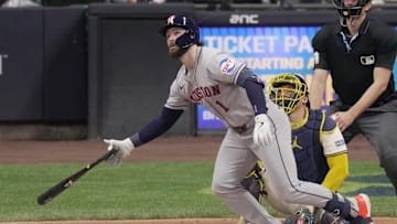 Houston Astros second baseman Brendan Rodgers (1) hits a three-run home run during the seventh inning of their game against the Milwaukee Brewers Tuesday, May 6, 2025 at American Family Field in Milwaukee, Wisconsin.