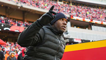 Jan 18, 2025; Kansas City, Missouri, USA; Houston Texans head coach DeMeco Ryans takes the field prior to a 2025 AFC divisional round game against the Kansas City Chiefs at GEHA Field at Arrowhead Stadium. Mandatory Credit: Jay Biggerstaff-Imagn Images