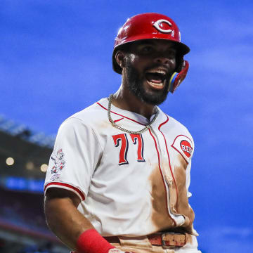 Jul 8, 2024; Cincinnati, Ohio, USA; Cincinnati Reds outfielder Rece Hinds (77) reacts after hitting a solo home run in the eighth inning against the Colorado Rockies at Great American Ball Park.