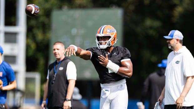 Florida Gators quarterback DJ Lagway (2) throws the ball during fall football practice at Heavener Football Complex at the Un