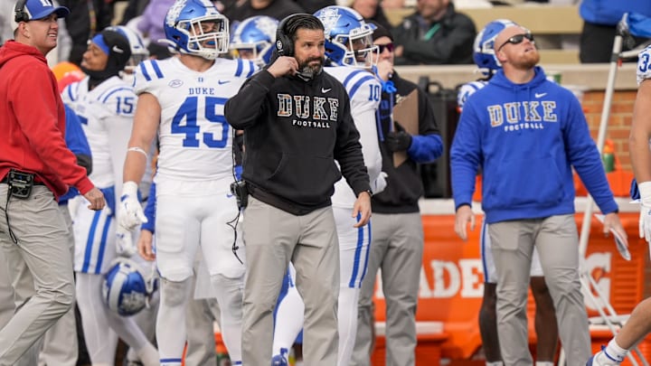 Nov 30, 2024; Winston-Salem, North Carolina, USA; Duke Blue Devils head coach Manny Diaz on the sideline against the Wake Forest Demon Deacons during the second half at Allegacy Federal Credit Union Stadium. Mandatory Credit: Jim Dedmon-Imagn Images