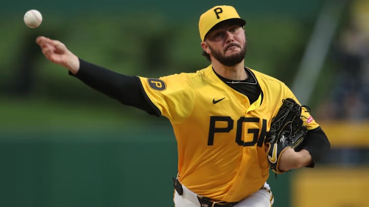 May 23, 2025; Pittsburgh, Pennsylvania, USA;  Pittsburgh Pirates starting pitcher Paul Skenes (30) pitches against the Milwaukee Brewers during the second inning at PNC Park. Mandatory Credit: Charles LeClaire-Imagn Images