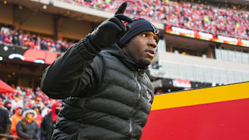 Houston Texans head coach DeMeco Ryans takes the field prior to a 2025 AFC divisional round game against the Kansas City Chiefs at GEHA Field at Arrowhead Stadium.