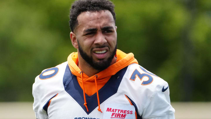 Jun 6, 2022; Englewood, Colorado, USA; Denver Broncos safety Caden Sterns (30) during OTA workouts at the UC Health Training Center. Mandatory Credit: Ron Chenoy-USA TODAY Sports