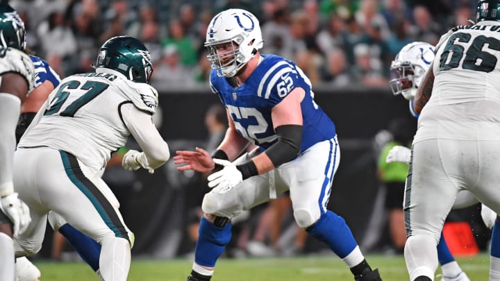 Aug 24, 2023; Philadelphia, Pennsylvania, USA; Indianapolis Colts center Wesley French (62) against the Philadelphia Eagles at Lincoln Financial Field. Mandatory Credit: Eric Hartline-USA TODAY Sports