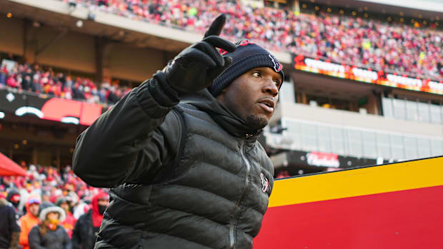 Jan 18, 2025; Kansas City, Missouri, USA; Houston Texans head coach DeMeco Ryans takes the field prior to a 2025 AFC division