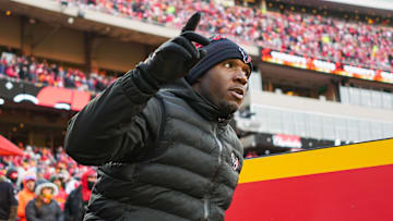 Jan 18, 2025; Kansas City, Missouri, USA; Houston Texans head coach DeMeco Ryans takes the field prior to a 2025 AFC divisional round game against the Kansas City Chiefs at GEHA Field at Arrowhead Stadium. Mandatory Credit: Jay Biggerstaff-Imagn Images
