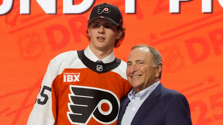 Jun 27, 2025; Los Angeles, California, USA; Jack Nesbitt is selected as the 12th overall pick to the Philadelphia Flyers in the first round of the 2025 NHL Draft at Peacock Theater. 