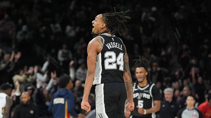 Jan 25, 2026; San Antonio, Texas, USA;  San Antonio Spurs guard Devin Vassell (24) celebrates in the second half against the New Orleans Pelicans at Frost Bank Center. Mandatory Credit: Daniel Dunn-Imagn Images
