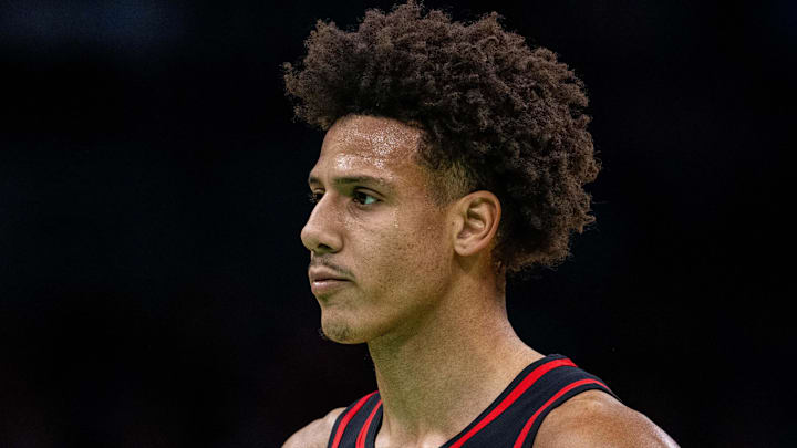 Jalen Johnson #1 of the Atlanta Hawks looks on against the Charlotte Hornets.