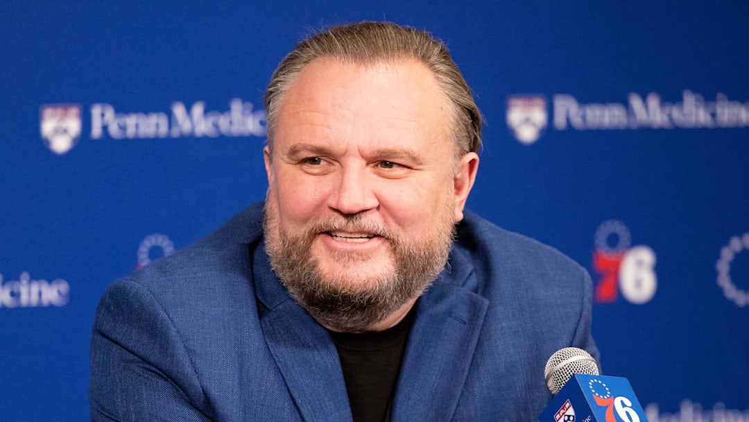 Dec 15, 2023; Philadelphia, Pennsylvania, USA; Philadelphia 76ers resident of Basketball Operations Daryl Morey speaks with the media before a game against the Detroit Pistons at Wells Fargo Center. Mandatory Credit: Bill Streicher-Imagn Images