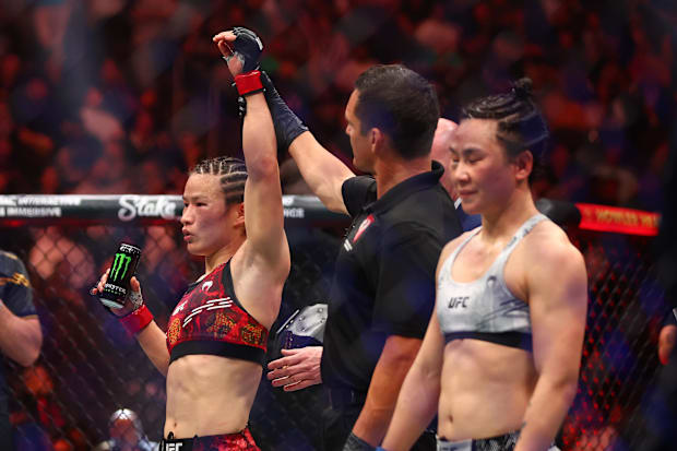 Weili Zhang reacts after defeating Yan Xiaonan during UFC 300 at T-Mobile Arena. 