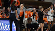 Jan 20, 2024; Stillwater, Okla, USA; Oklahoma State Cowgirls head coach Jacie Hoyt talks with the referee on the baseline in the first half of a women  s NCAA basketball game against the Texas Longhorns at Gallagher Iba Arena. Mandatory Credit: Mitch Alcala-The Oklahoman. Mandatory Credit: Mitch Alcala-The Oklahoman