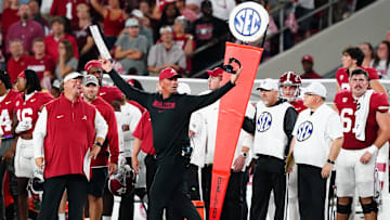 Sep 28, 2024; Tuscaloosa, Alabama, USA;  Alabama Crimson Tide head coach Kalen DeBoer asks for a pass interference call against the Georgia Bulldogs during the first half at Bryant-Denny Stadium. Mandatory Credit: John David Mercer-Imagn Images