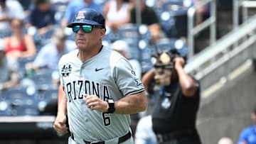 Jun 13, 2025; Omaha, Neb, USA; Arizona Wildcats head coach Chip Hale on the field during the game against the Coastal Carolina Chanticleers at Charles Schwab Field. Mandatory Credit: Steven Branscombe-Imagn Images