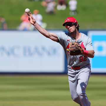 Feb 25, 2024; West Palm Beach, Florida, USA; St. Louis Cardinals second baseman Thomas Saggese (92) throws to first base against the Houston Astros during the first inning at CACTI Park of the Palm Beaches.