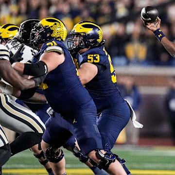 Michigan quarterback Bryce Underwood (19) makes a pass against Purdue during the first half at Michigan Stadium in Ann Arbor on Saturday, November 1, 2025.