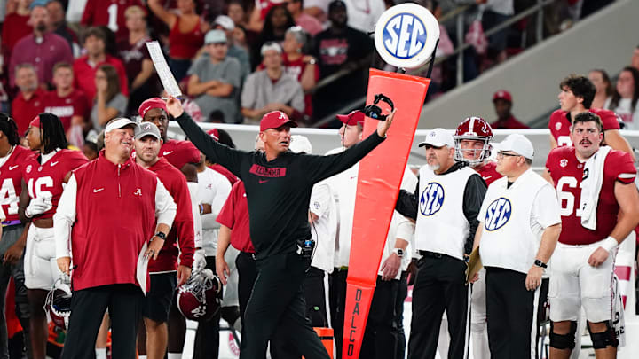 Sep 28, 2024; Tuscaloosa, Alabama, USA;  Alabama Crimson Tide head coach Kalen DeBoer asks for a pass interference call against the Georgia Bulldogs during the first half at Bryant-Denny Stadium. Mandatory Credit: John David Mercer-Imagn Images
