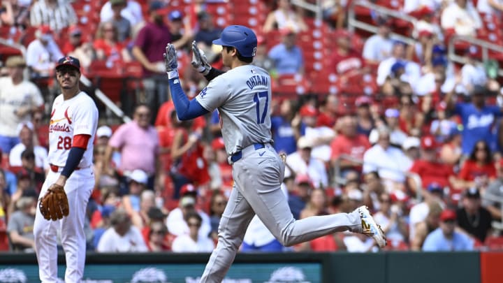 Los Angeles Dodgers designated hitter Shohei Ohtani (17) rounds the bases after hitting a solo home run against the St. Louis Cardinals in the fifth inning at Busch Stadium on Aug 18.