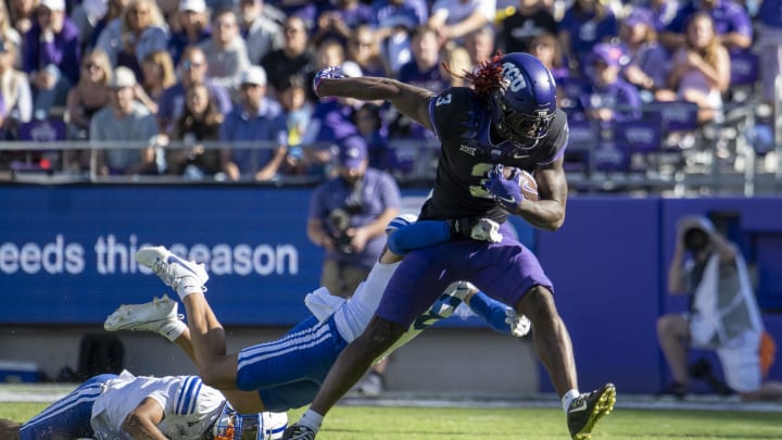 Oct 14, 2023; Fort Worth, Texas, USA; TCU Horned Frogs wide receiver Savion Williams (3) in action during the game between the TCU Horned Frogs and the Brigham Young Cougars at Amon G. Carter Stadium. Mandatory Credit: Jerome Miron-USA TODAY Sports